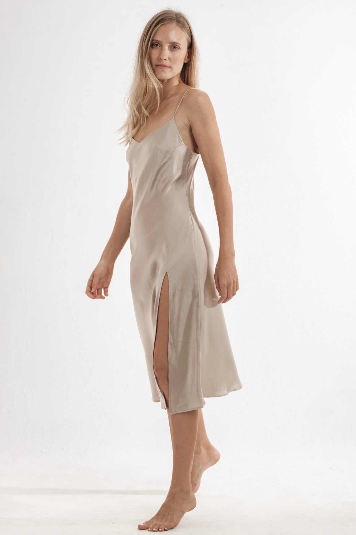 Delilah Silk Midi Dress Beige - essenTIALS Bali