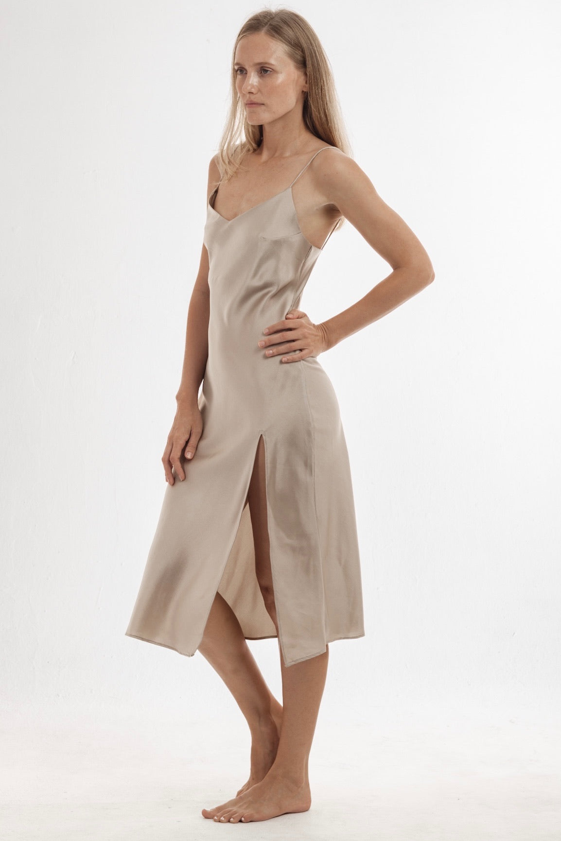 Delilah Silk Midi Dress Beige - essenTIALS Bali