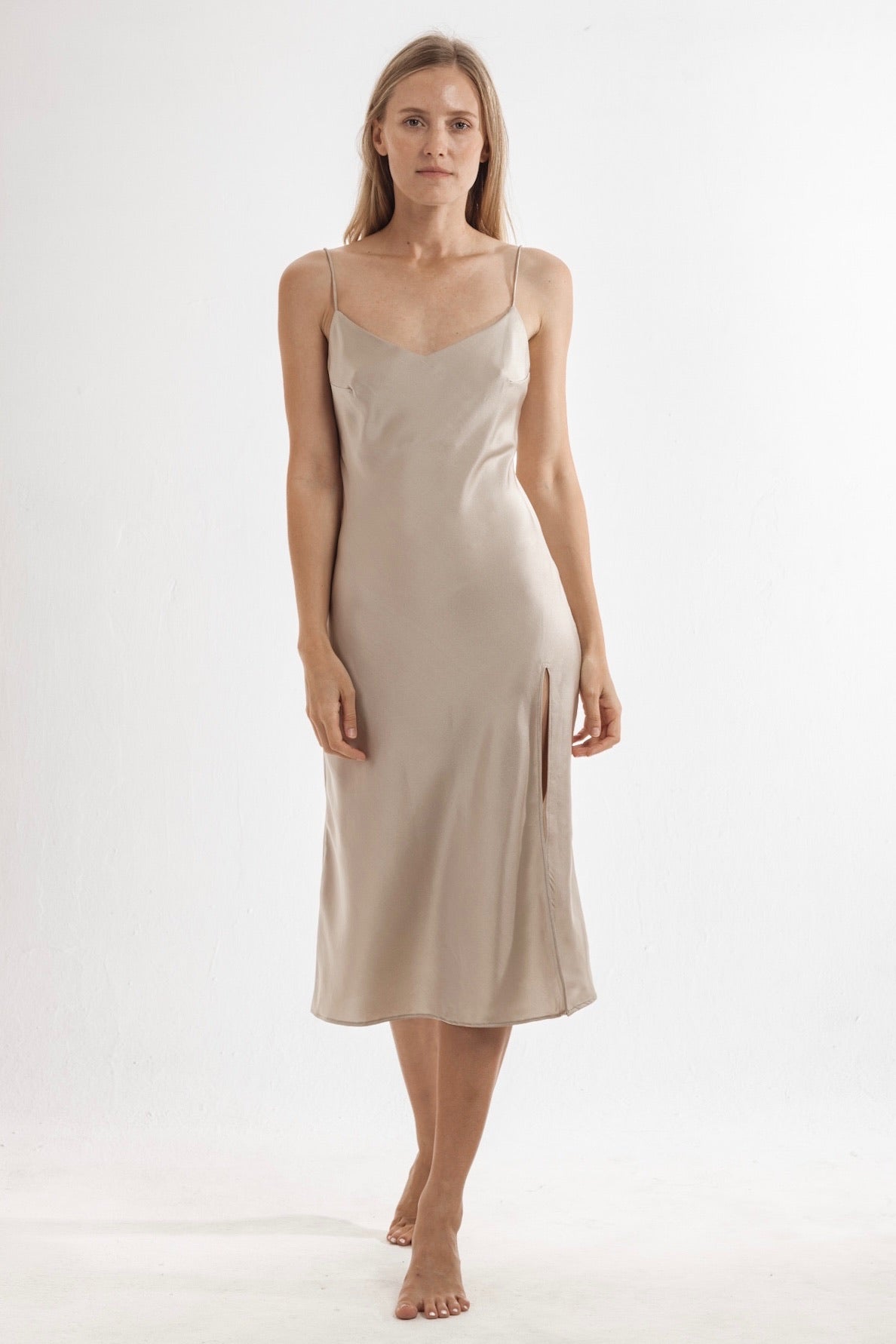 Delilah Silk Midi Dress Beige - essenTIALS Bali
