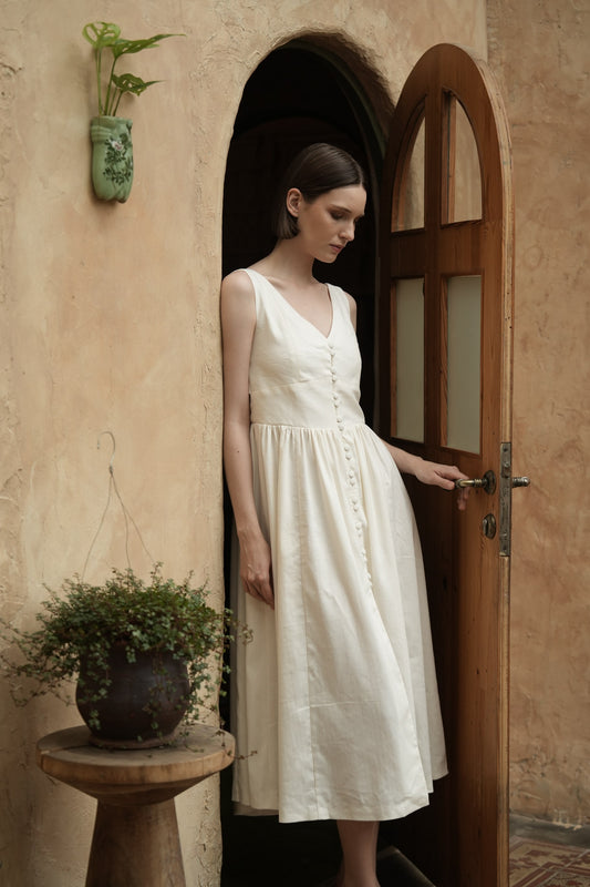 Bennih - Cassia Sleeveless Linen Button Dress White